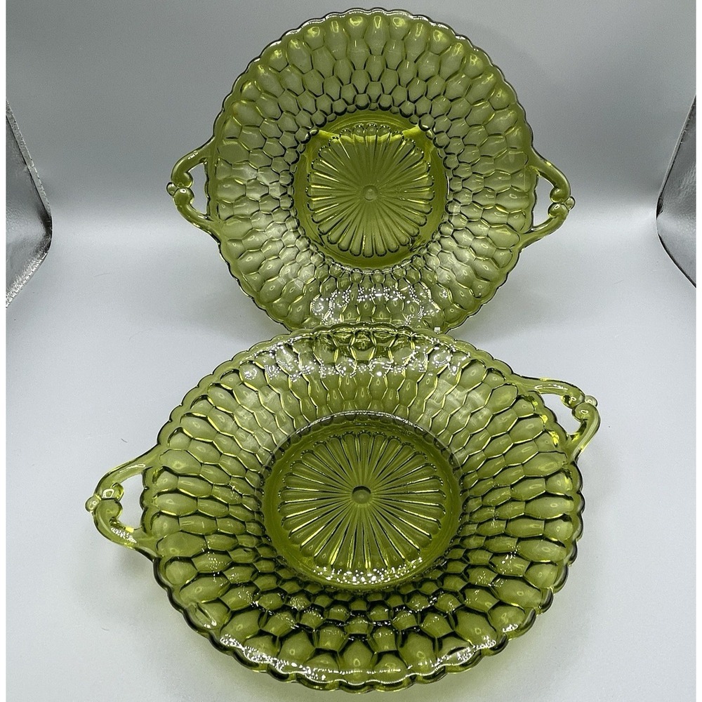 Vtg (2)  MCM Indiana‎ Glass Avocado Green Honeycomb Dish Bowl w/ Handles Set
